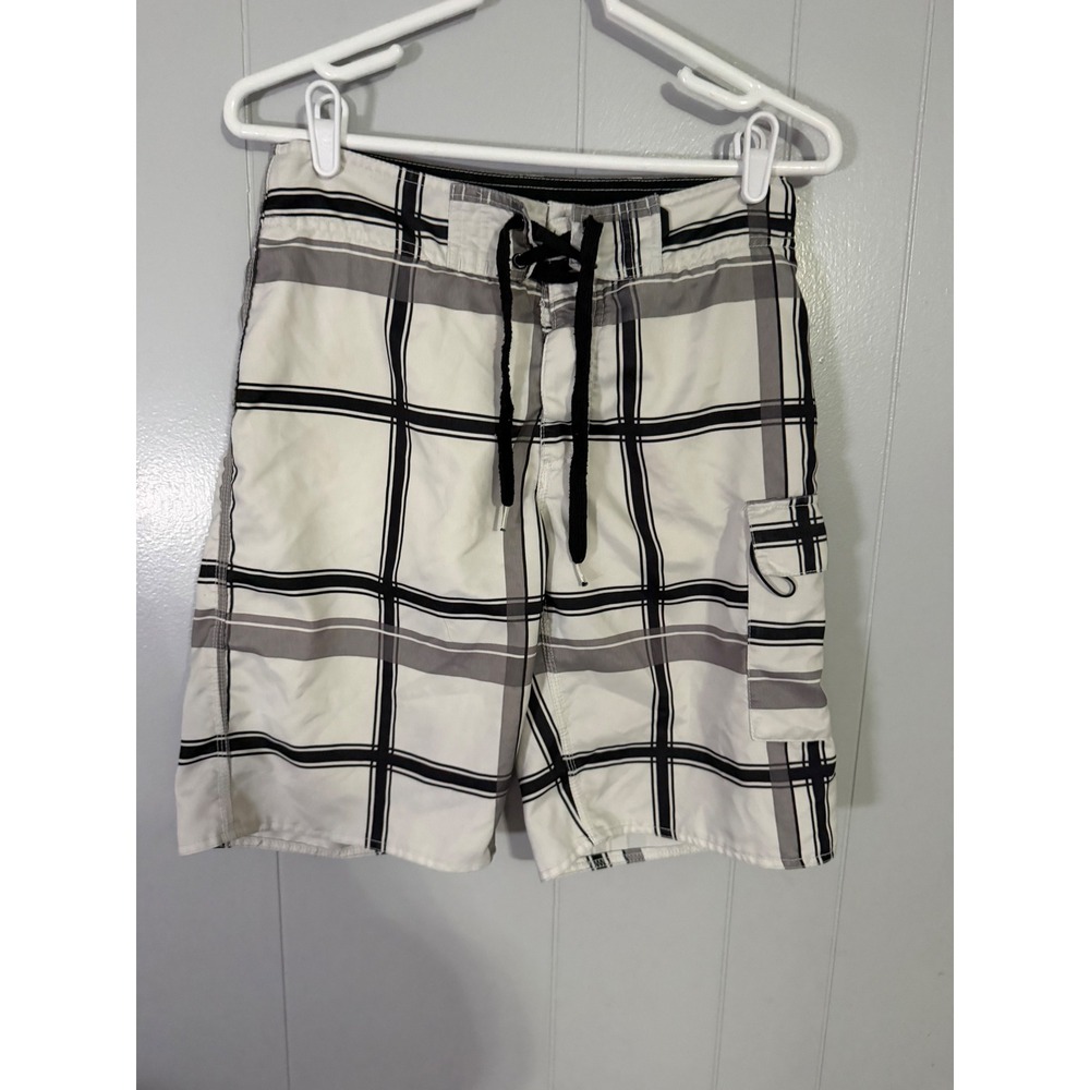 Free World Board Shorts Mens 28 White Plaid Cargo Pocket Lace Up Swim Trunks
